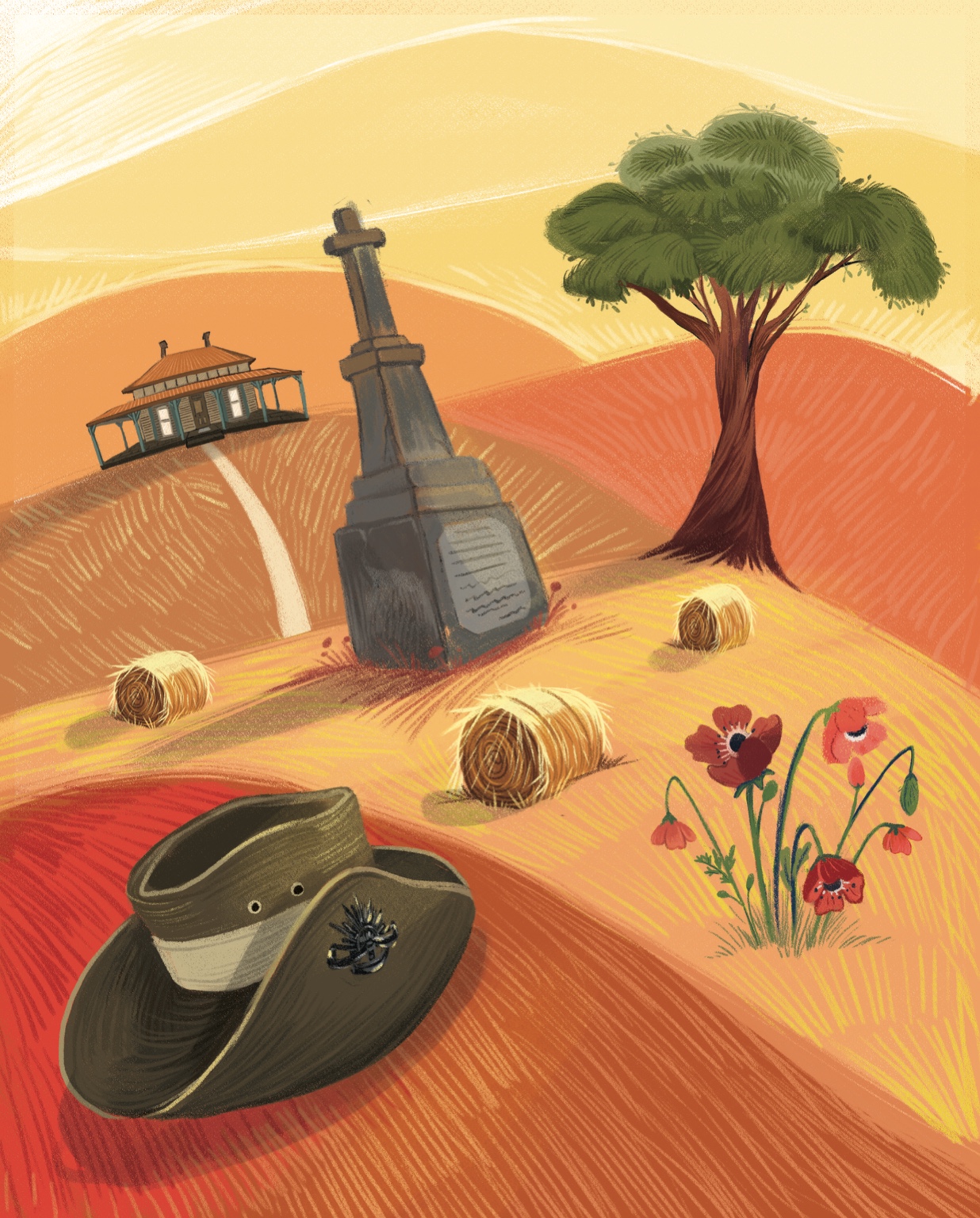 Illustration of a slouch hat, memorial, farmhouse, poppies and rolling hills